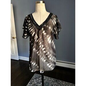 Express black and white print sequin trim v neckline sheer top SMALL